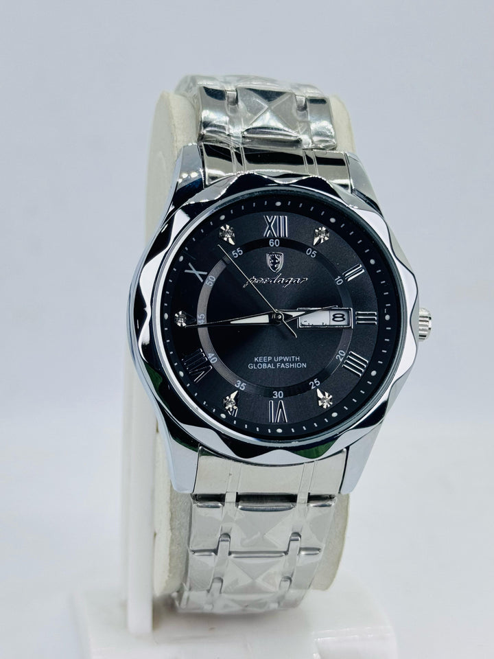 Poedgar Men's Luxury Watch Black Dial Silver Chain